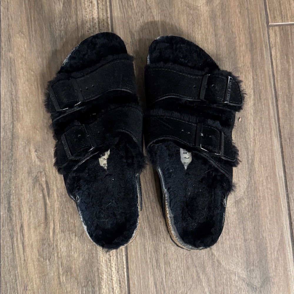 Birkenstock Black Fuzzy Double Strap Sandals